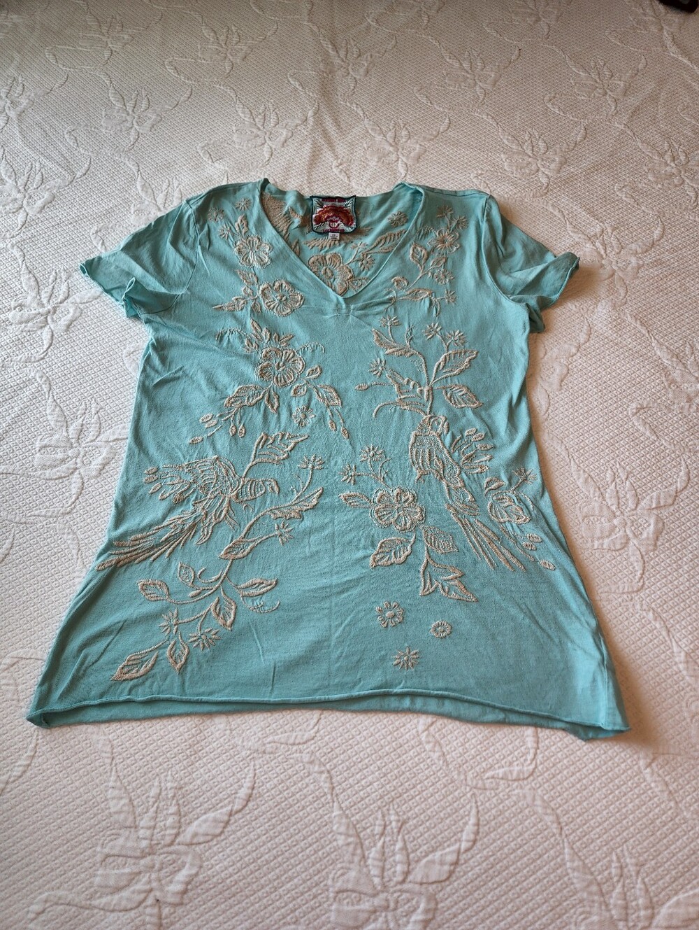 Johnny Was Teal V-Neck Short Sleeve Embroidered Top